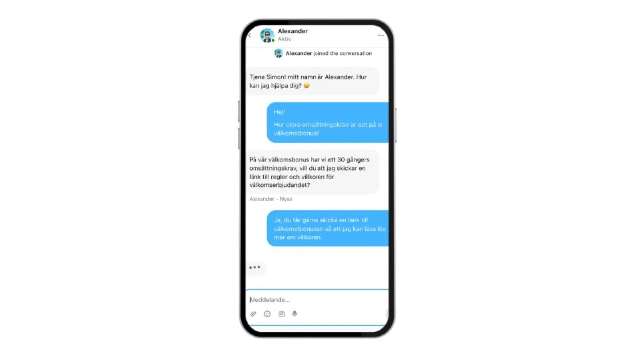 Mobilskärm som visar en live-chatt där kundtjänst svarar på frågor om omsättningskrav.