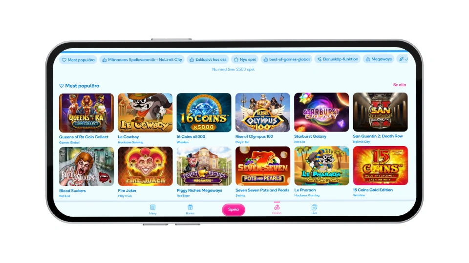 Mobilskärm som visar ett onlinecasino med kategorin "Mest populära" och olika spelautomater.