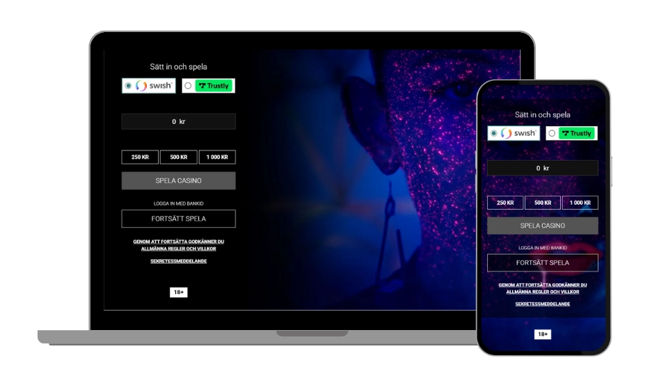 VoodooDreams startsida på dator och mobil med insättning via Swish och Trustly.