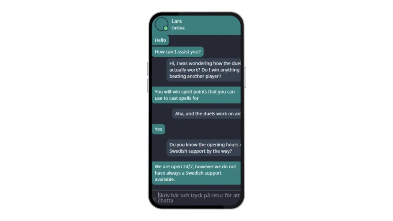 Mobilskärm som visar en livechatt med kundtjänst hos VoodooDreams Casino.