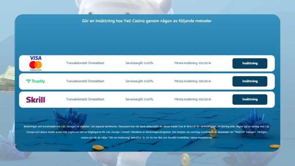 Yeti Casinos Insättningsmetoder kort, Trustly, Skrill