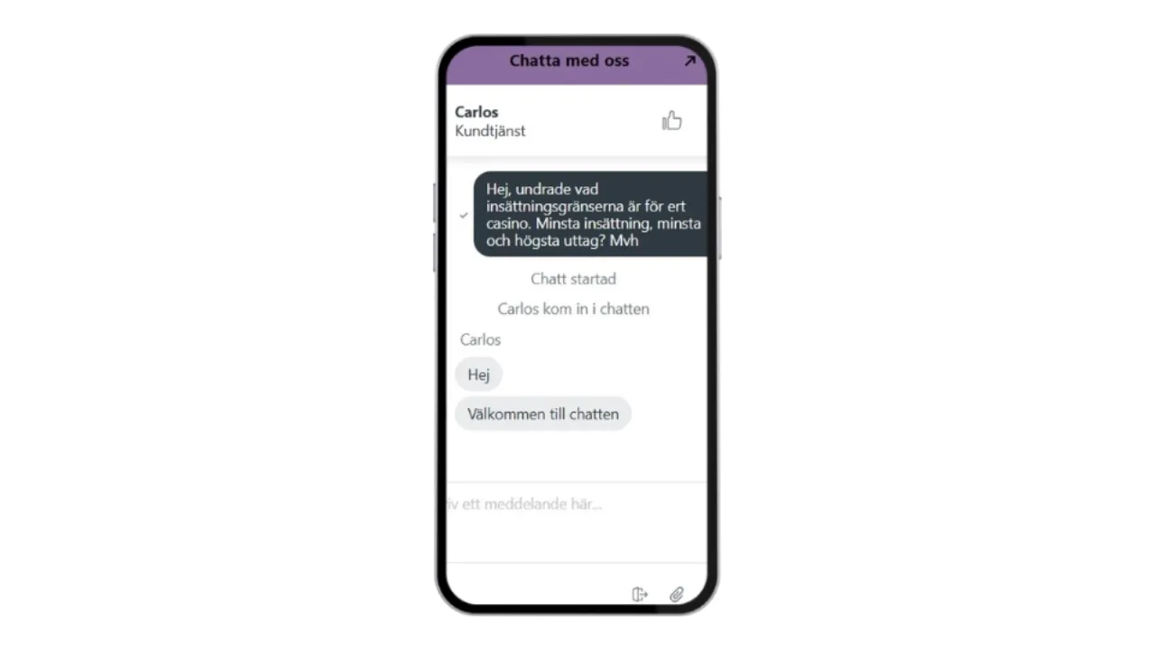 Mobilvy av kundtjänstchatten hos YoYo Casino för frågor om insättning och uttag.