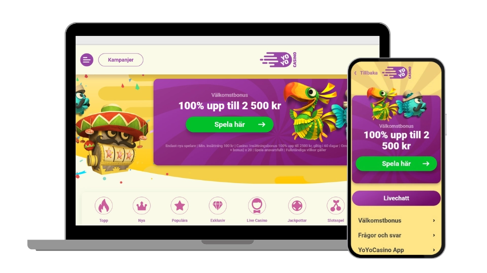 YoYo Casino hemsida på både dator och mobilskärm.