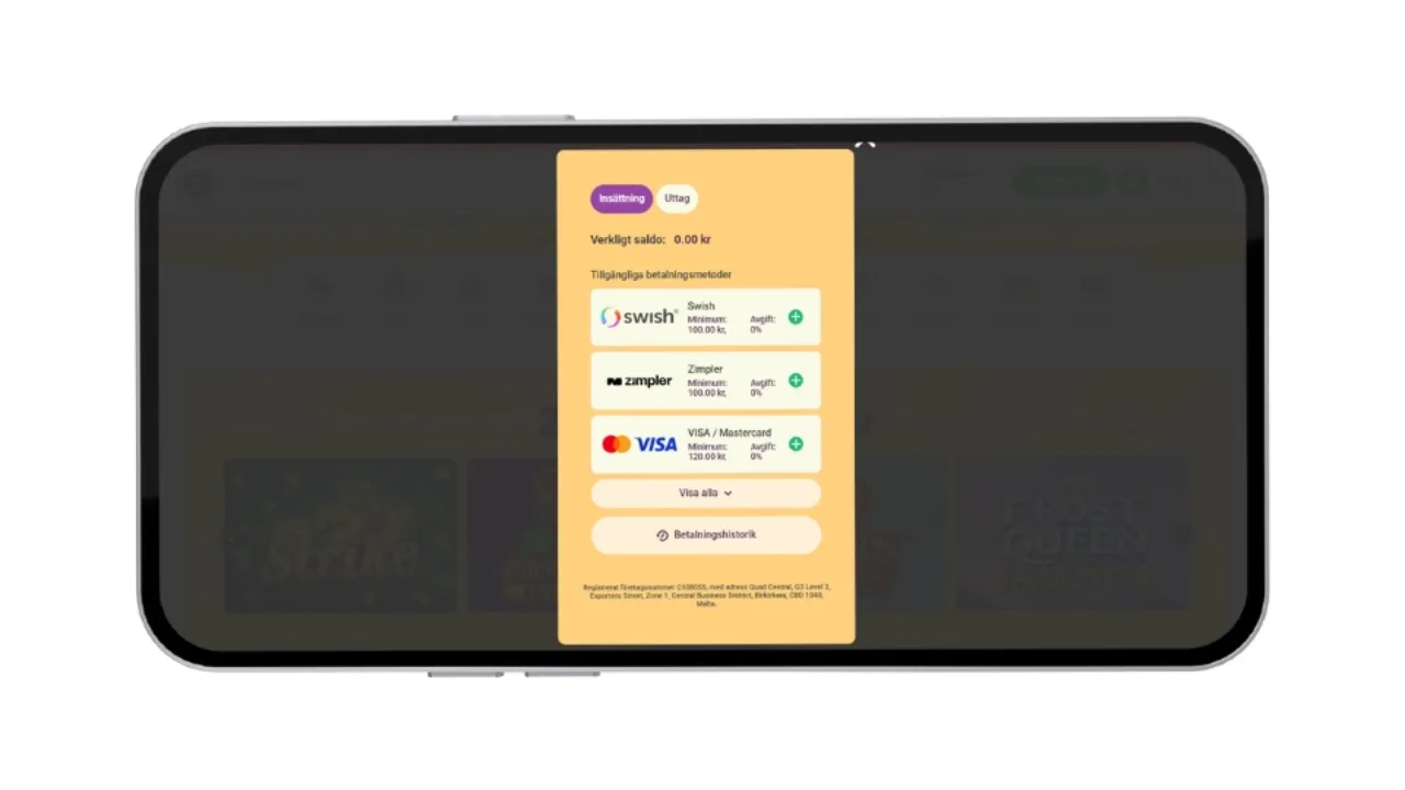 Insättningsalternativ hos YoYo Casino med Swish, Zimpler och VISA för smidiga betalningar.