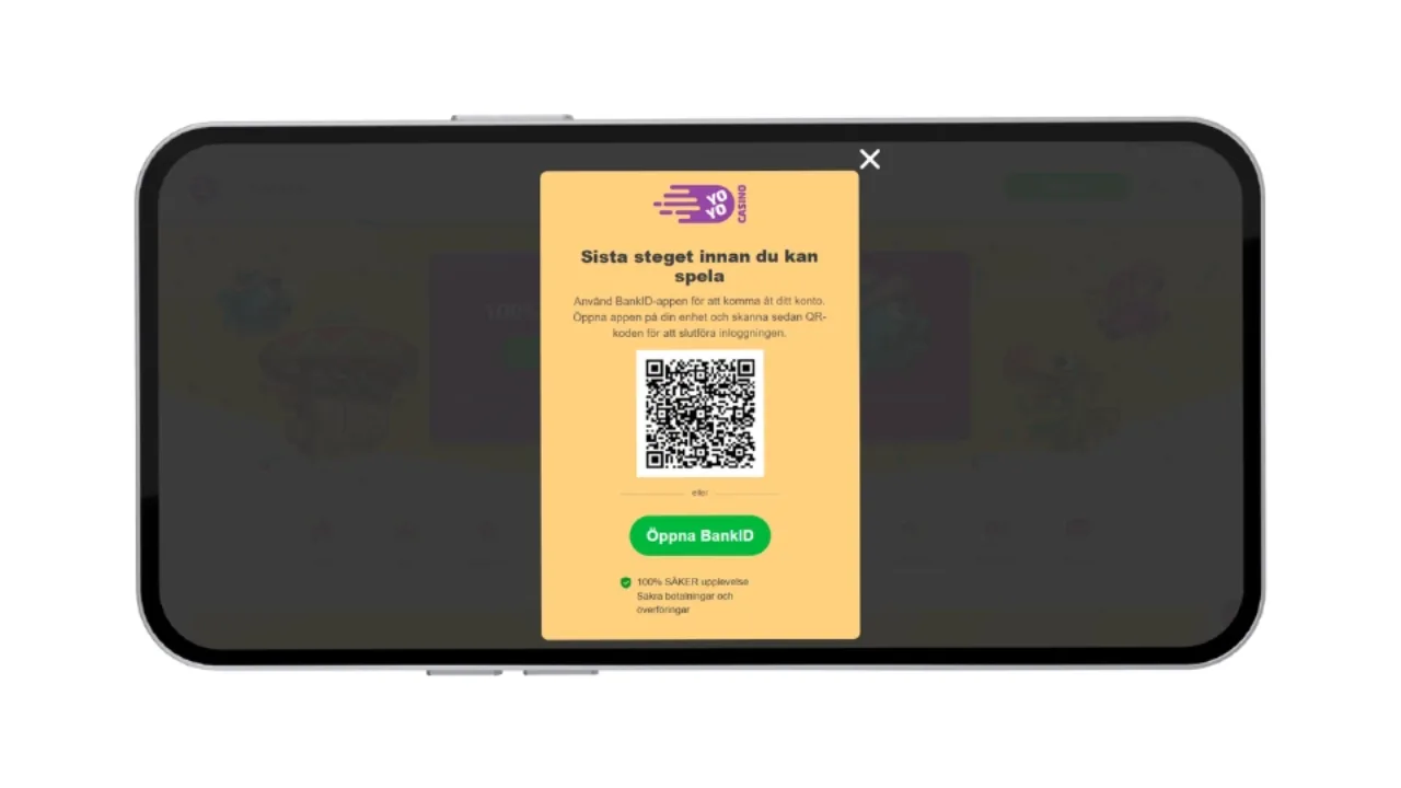 Registreringsfönster hos YoYo Casino med BankID-inloggning och QR-kod.