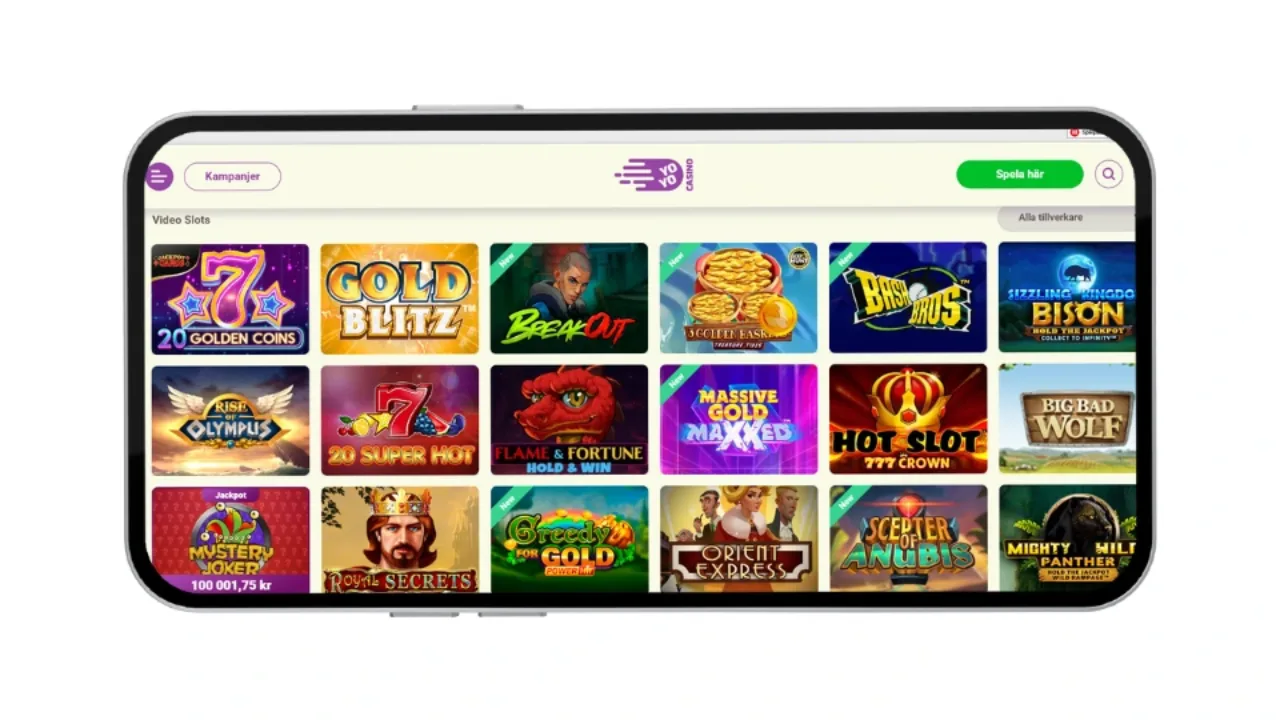 Spelutbud hos YoYo Casino med populära slots som Gold Blitz och Big Bad Wolf.
