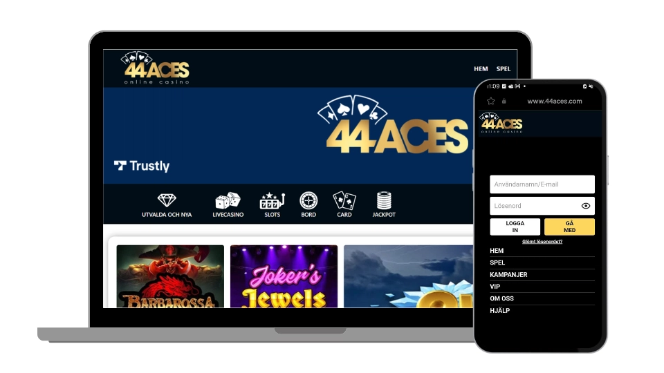 44Aces hemsida i både laptop- och mobilvy med inloggning och spelkategorier.