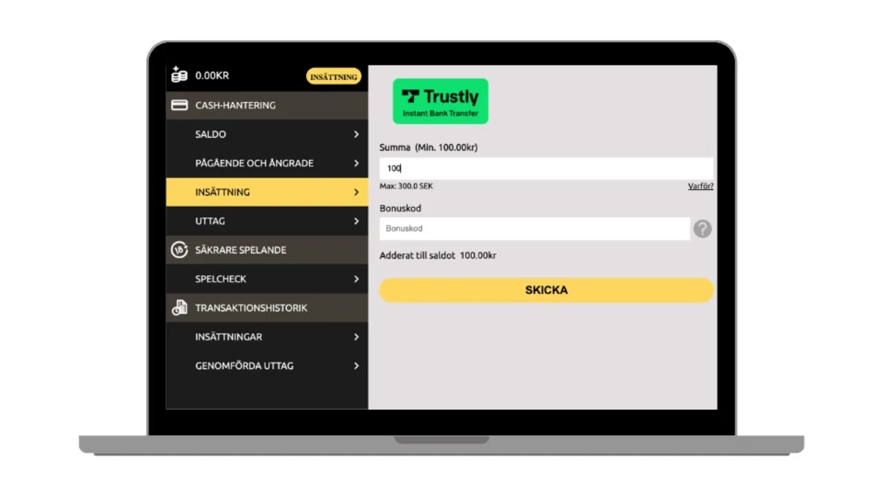 Insättningssida på 44Aces via en laptop och en insättning på 100 kr med Trustly.