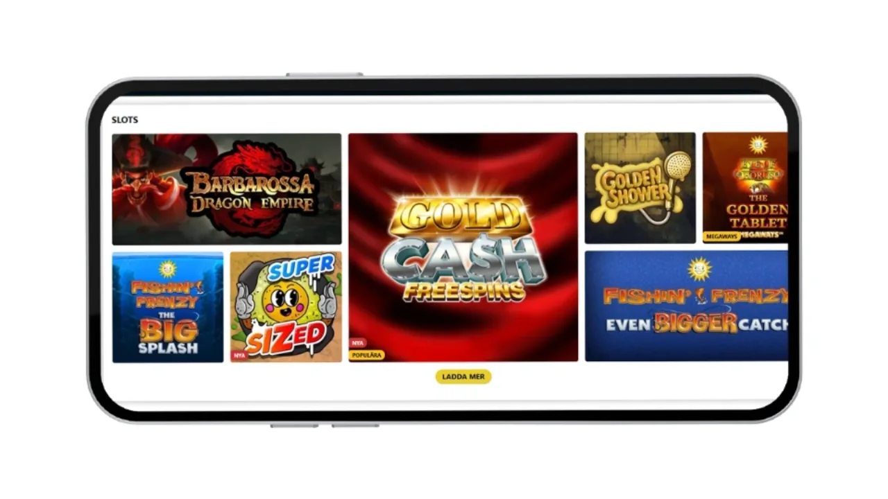 Mobilvy av 44Aces spelutbud med populära slots som Gold Cash Free Spins.