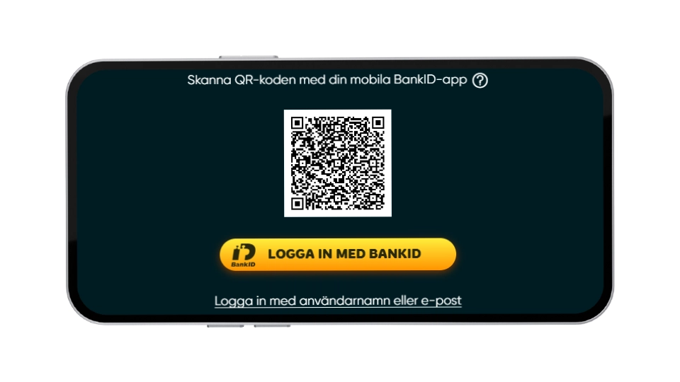 Inloggningsskärm med QR-kod för mobilt BankID på en smartphone hos Casino and Friends.