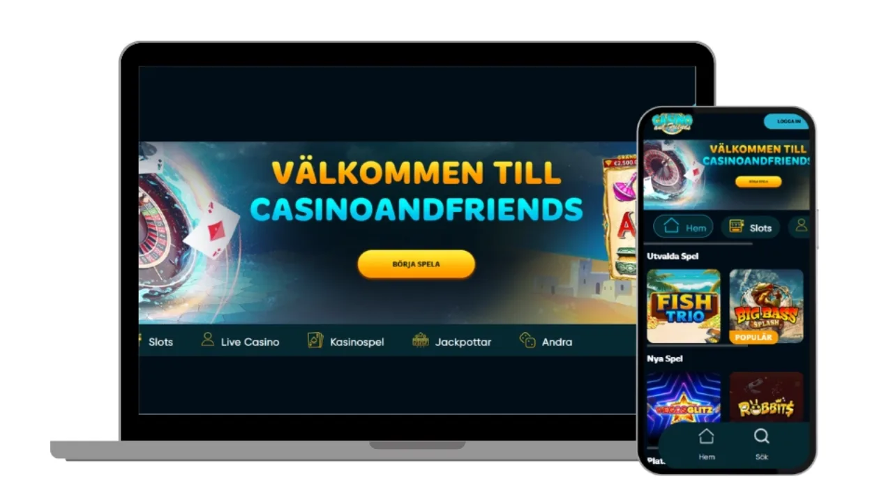 Startsida för Casino and Friends på desktop och datorskärm.