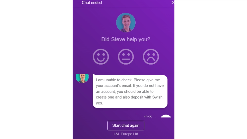 Chatt-gränssnitt från L&L Europe Ltd där en kundtjänstmedarbetare svarat på engelska.