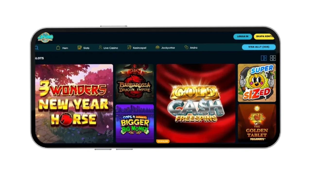 Mobilvy av spelutbudet hos Casino and Friends med olika slots-titlar.