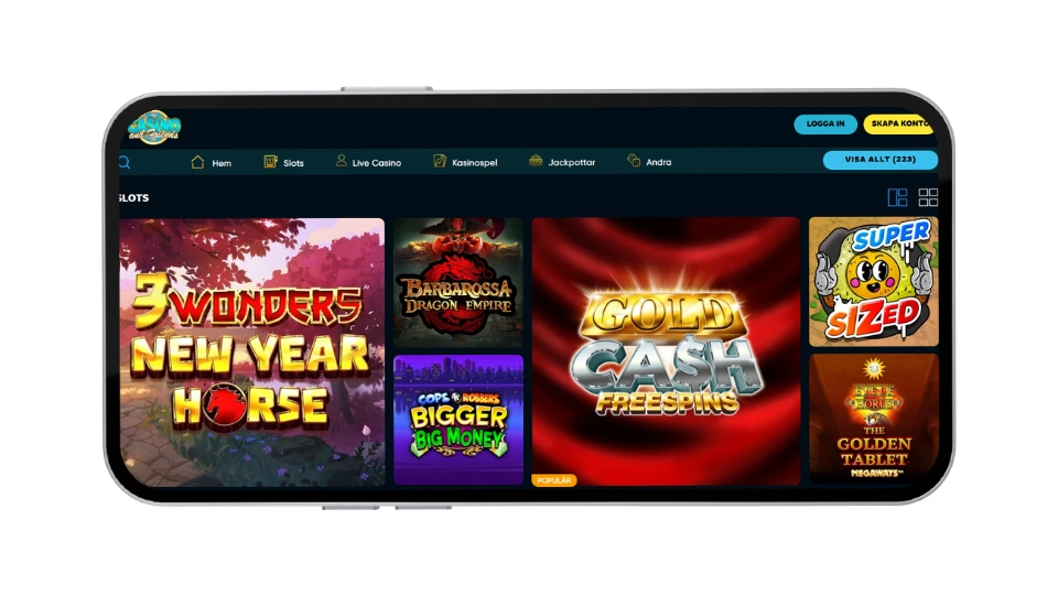 Mobilvy av spelutbudet hos Casino and Friends med olika slots-titlar.