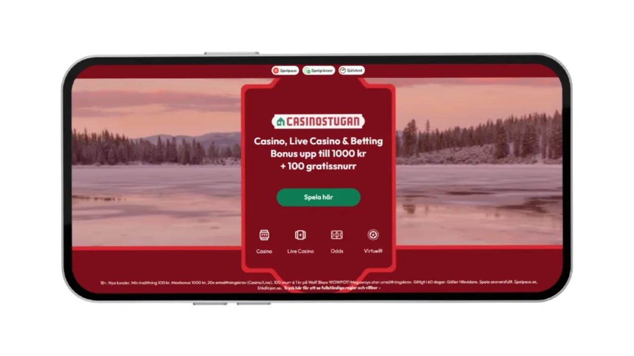 Casinostugan bonus: Upp till 1 000 kr bonus + 100 gratissnurr i en mobil med vinterlandskap.