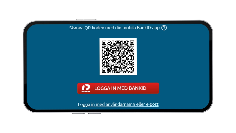 Inloggningsruta för BankID med QR-kod och knapp för legitimering.