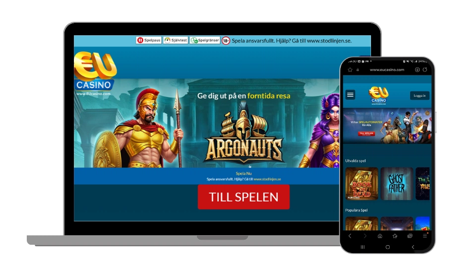 EU Casino webbplats och mobilapp som visar spelet Argonauts på en bärbar dator och smartphone.