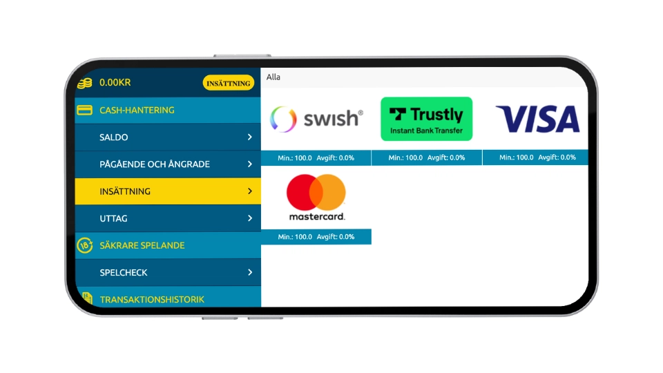 Mobilvy av insättningssida med Swish, Trustly, VISA och Mastercard som betalningsmetoder.