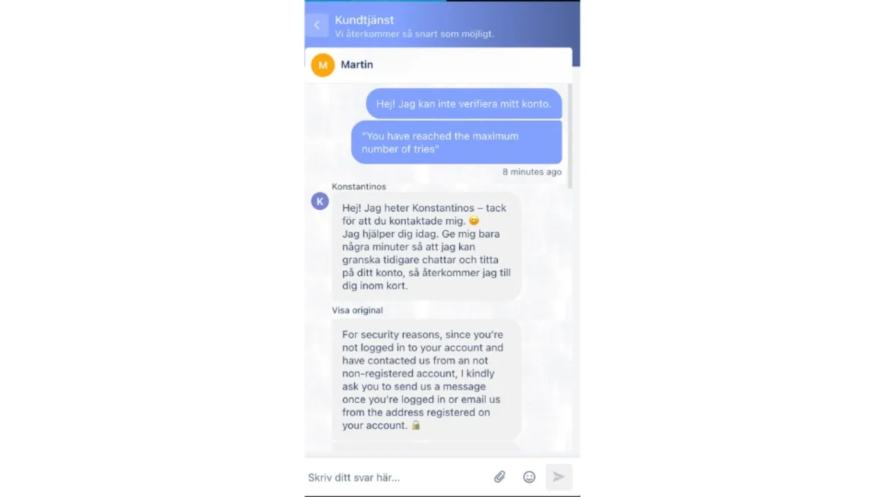 Chatt med kundtjänst där en användare ber om hjälp med kontoverifiering hos EU Casino.