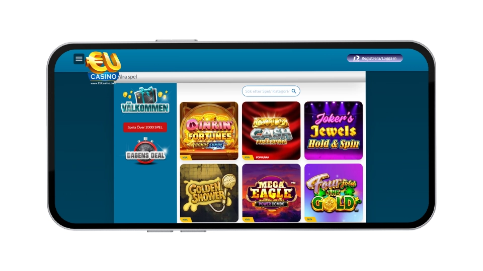 Mobilvy av spelutbud hos EU Casino med olika slots och kategorier för casinospel.