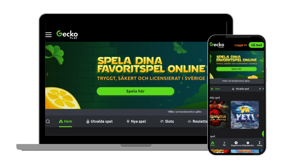 Startsidan för GeckoPlay Casino visas på både laptop och mobil i ett mörkt grönt tema.