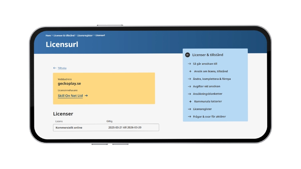 Skärmdump från Spelinspektionen som visar GeckoPlay Casinos licens för Skill On Net Ltd.