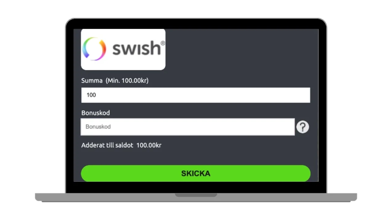 Laptopskärm som visar insättningssidan hos GeckoPlay med Swish som vald betalningsmetod.
