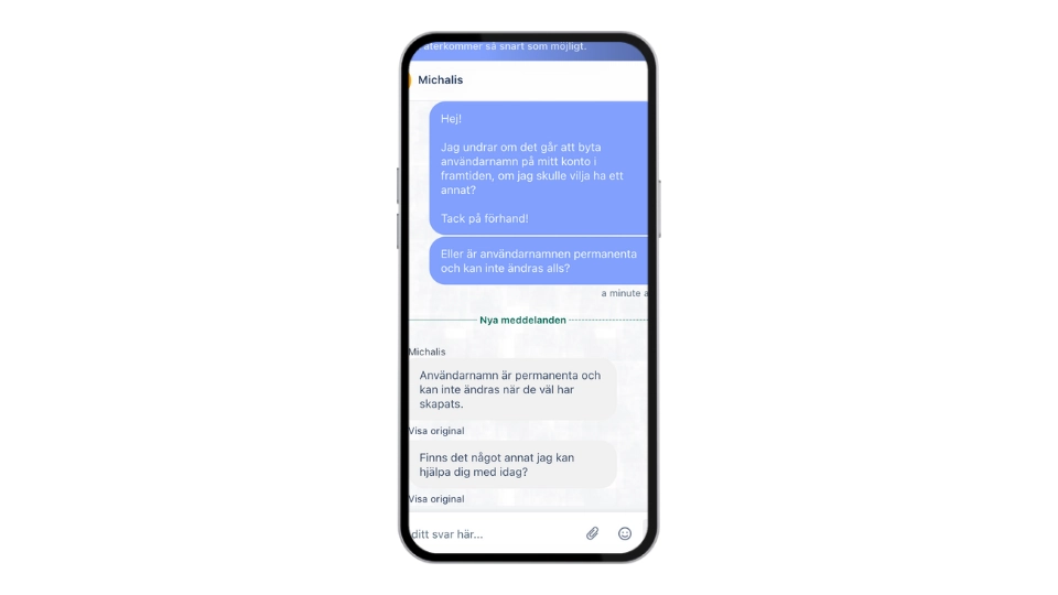 Mobilvy av GeckoPlay Casinos kundtjänstchatt där en agent svarar på frågor om användarnamn.