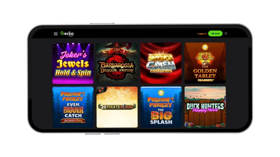 Mobilvy av GeckoPlay Casinos lobby med populära slots som Joker's Jewels och Barbarossa.
