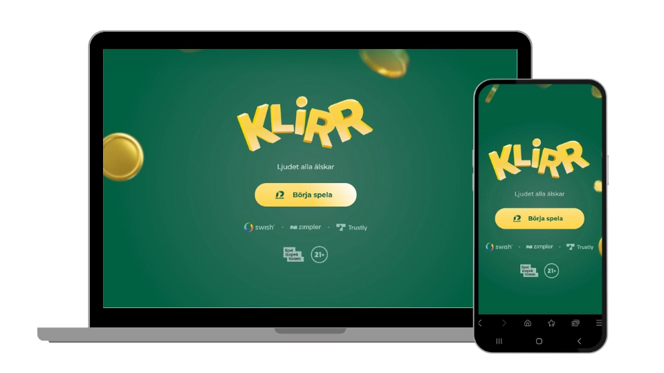 Klirr Casinos startsida på både dator och mobil med "Börja spela"-knapp.