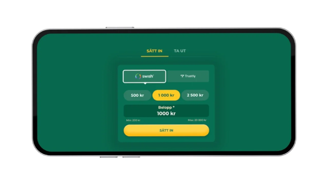 Insättningsvy i mobilen hos Klirr med Swish och Trustly som val.