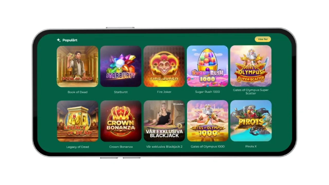 Ett urval av populära slots som Book of Dead och Starburst hos Klirr.
