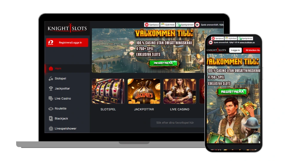 KnightSlots hemsida visad på både laptop och mobil med fokus på deras spelutbud.