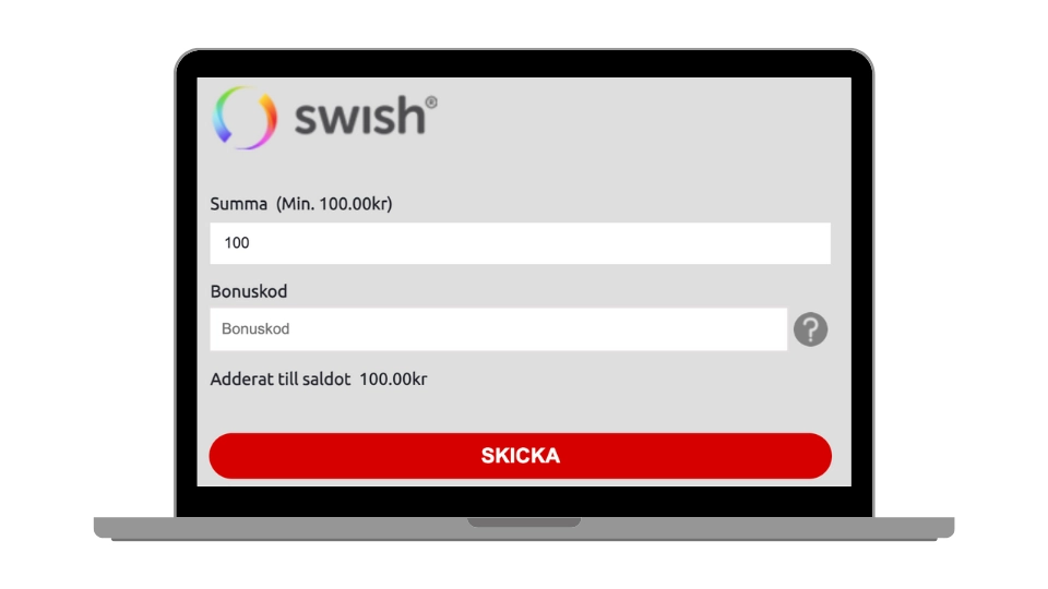 Insättningssida hos KnightSlots på laptop som visar Swish som vald metod för beloppet 100 kr.