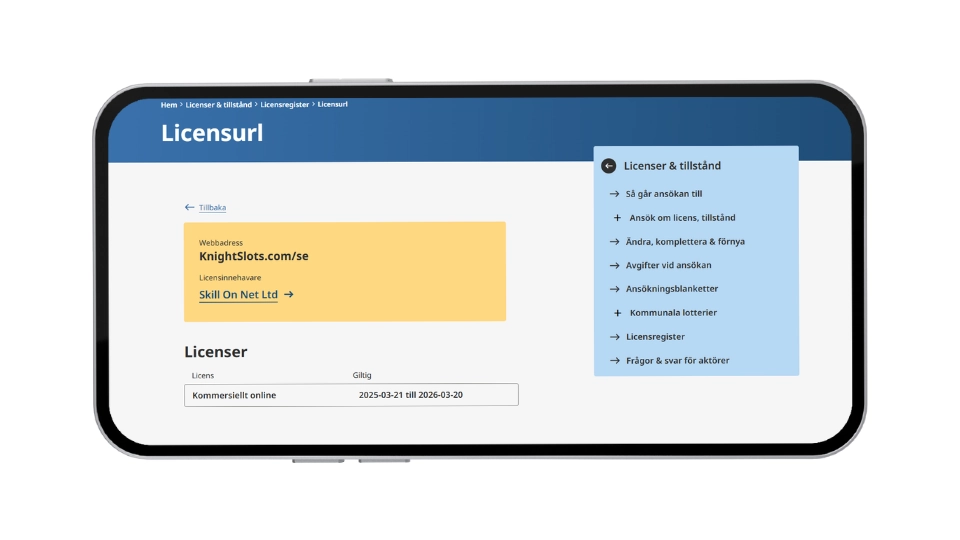 Skärmdump från Spelinspektionen som visar KnightSlots svenska licens för Skill On Net Ltd.