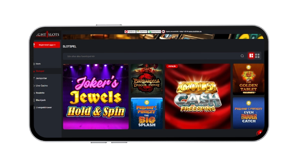 Mobilvy av KnightSlots spellobby med titlar som Joker's Jewels och Barbarossa Dragon Empire.