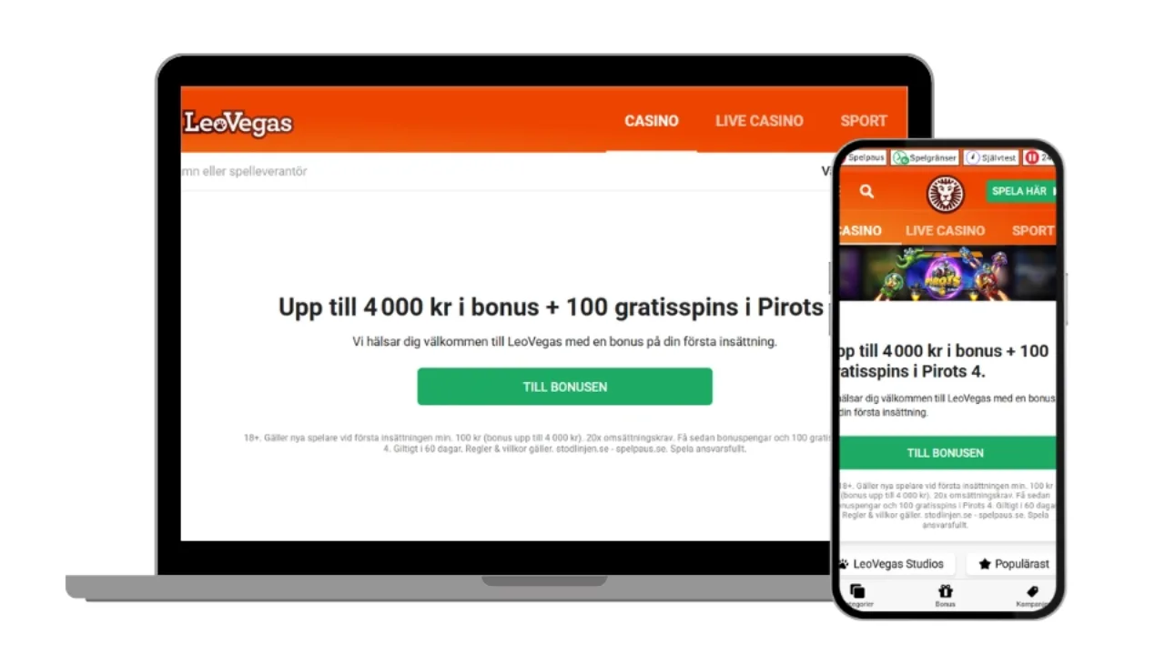 Mobilskärm och datorskärm som visar LeoVegas hemsida.