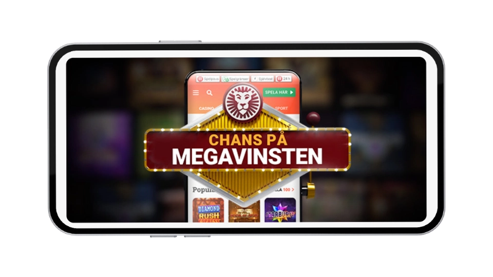 Mobilskärm från LeoVegas med texten "Chans på megavinsten" framför ett urval av populära slots.