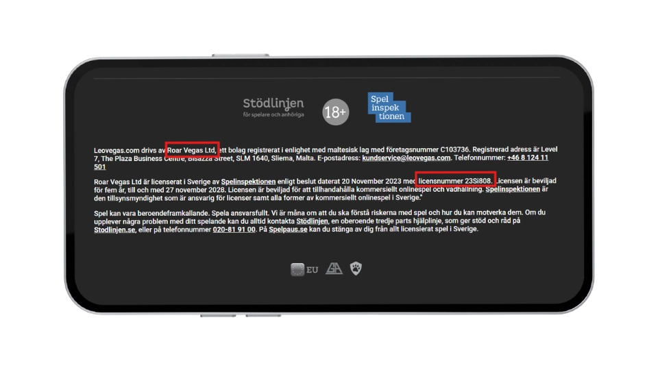 Licensinformation i footern hos LeoVegas Casino utfärdad till Roar Vegas Ltd.