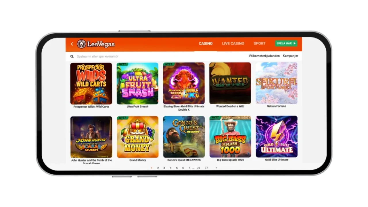 Mobilvy av LeoVegas spelutbud med populära slots som Gonzo's Quest och Big Bass Splash.