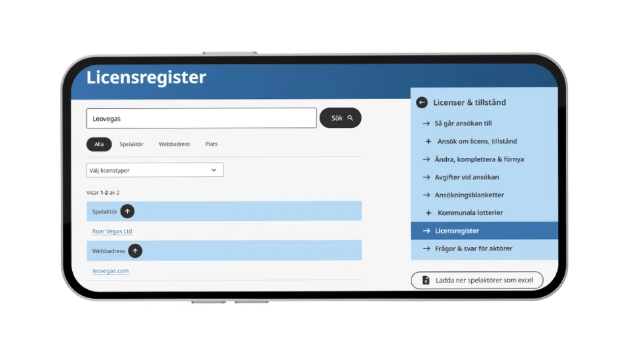 Sökning i Spelinspektionens licensregister för att kontrollera casinots ägare.