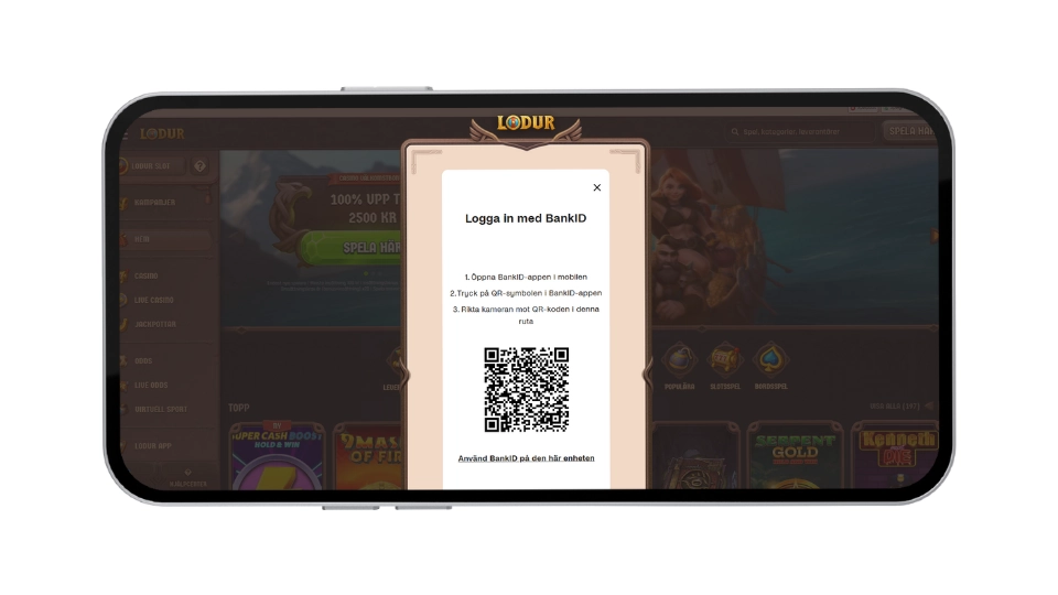 Mobilskärm som visar inloggning med BankID via QR-kod hos Lodur Casino.