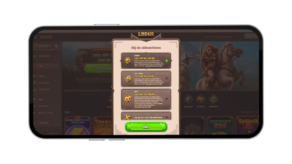 Valmeny för Lodur Casinos välkomstbonusar: Casino, Live Casino eller Odds.