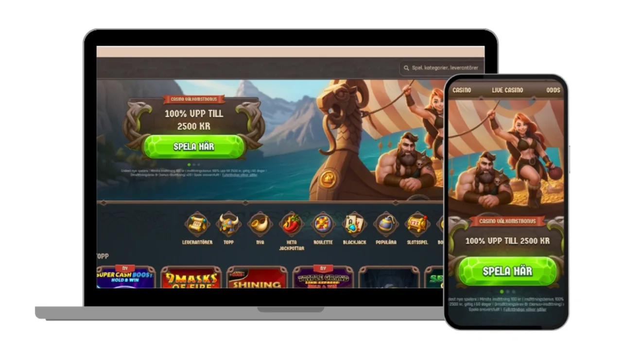 Lodur Casinos vikingainspirerade startsida på både laptop och mobil.