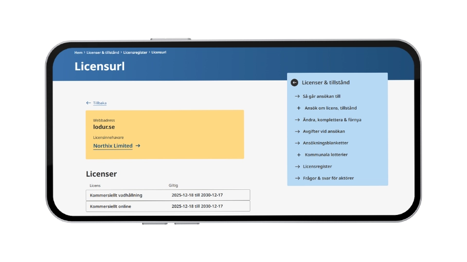 Skärmdump från Spelinspektionen som visar Lodur Casinos svenska licens för Northix Limited.