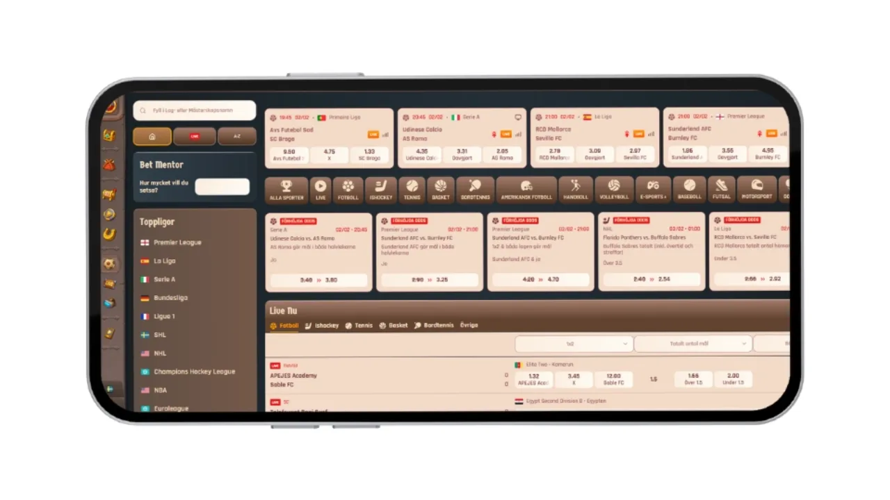 Mobilvy av Lodur Casinos bettingsektion med aktuella odds och live-matcher.