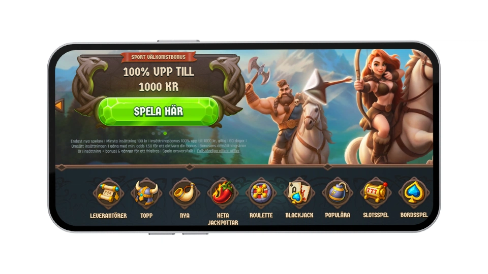 Mobilvy av Lodur Casinos vikingatema med oddsbonus på 100% upp till 1 000 kr.