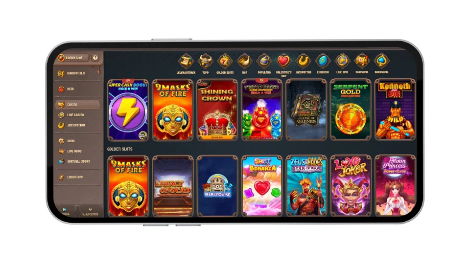 Mobilskärm som visar spelikoner för slots som Fishin' Frenzy och Eye of Horus.