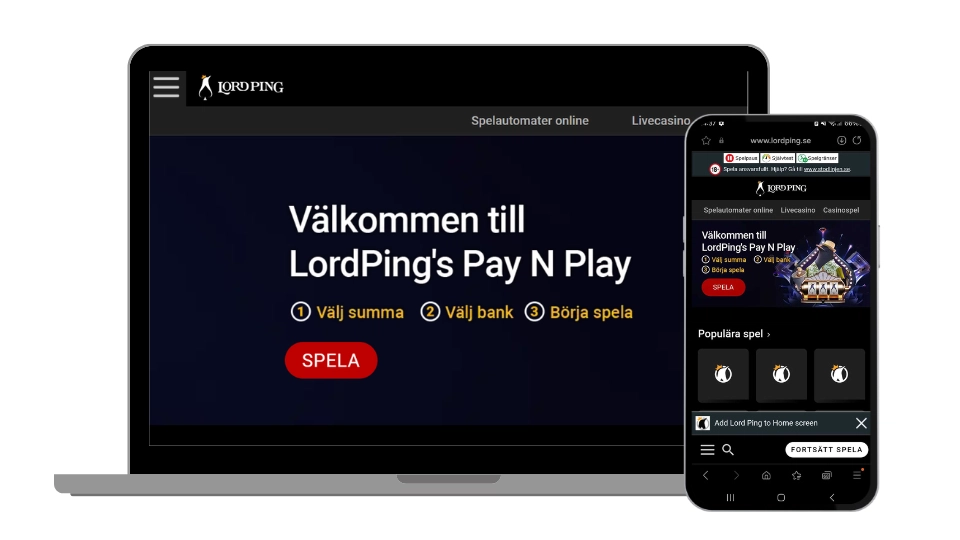 Lord Ping Casinos hemsida och mobilvy som visar deras Pay N Play-funktion.