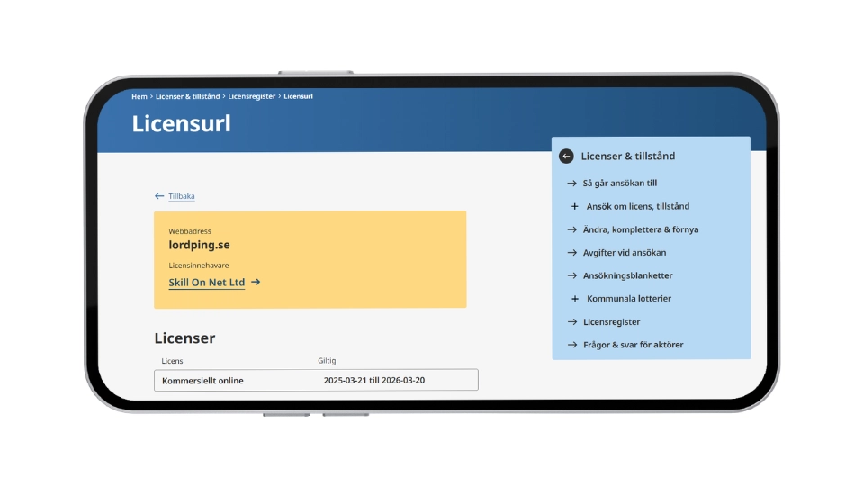 Spelinspektionens licensregister för lordping.se under licensinnehavaren Skill On Net Ltd.